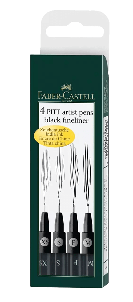 Faber-Castell PITT Artist Pen - Black - Set of 4 Fineliner (XS, S, F, M)