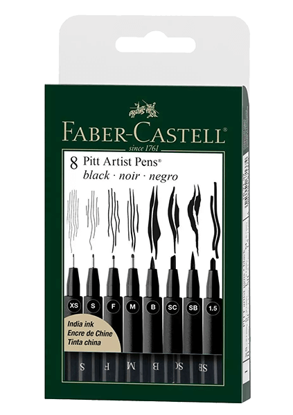 Faber-Castell Pitt Artist Pen Black Wallet Set of 8