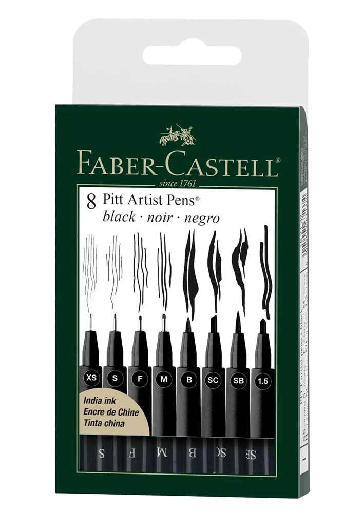 FaberCastell Pitt Artist Pen Black Wallet Set of 8 Rex