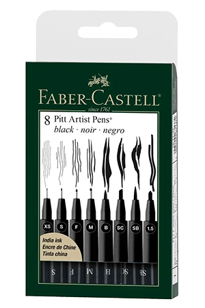 Faber-Castell Pitt Artist Pen Black Wallet Set of 8