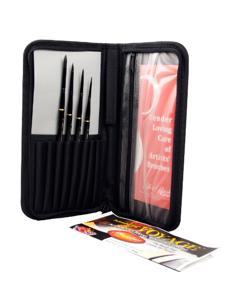 Silver Brush Black Velvet Voyage Plein Air, Short Handle Watercolor Travel Brush Set of 4 with Case